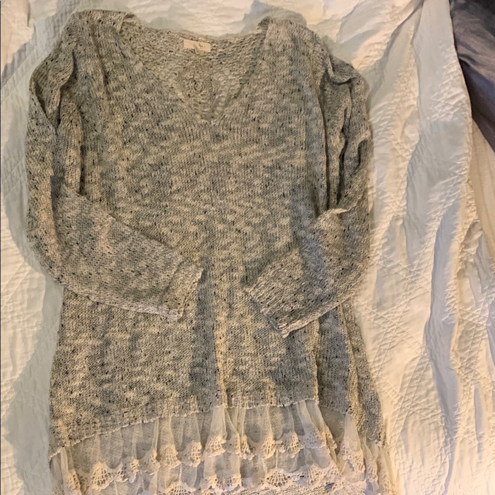 Gray V-Neck Sweater with Textured Knit
